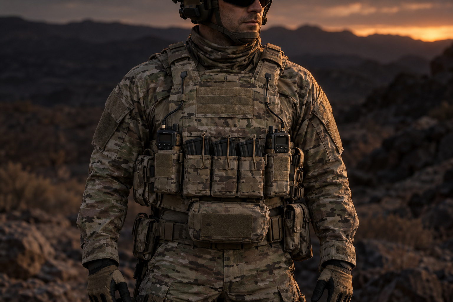 Operator wearing a plate carrier with a Carbon ISR antenna housing mounted on the chest rig