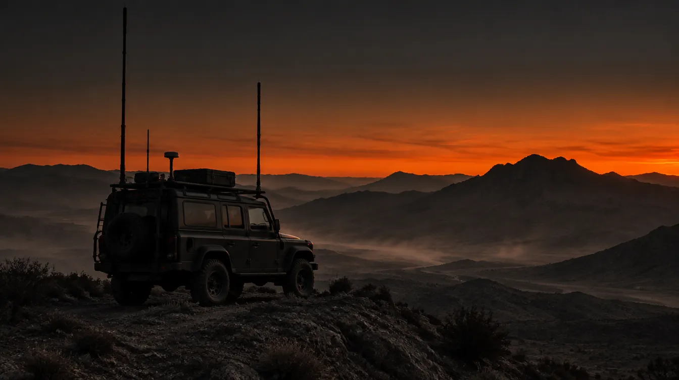 Unmarked utility vehicle on a ridge at dusk