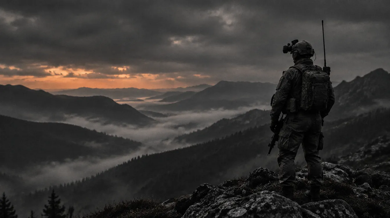 Operator with a radio overlooking a misty mountain valley